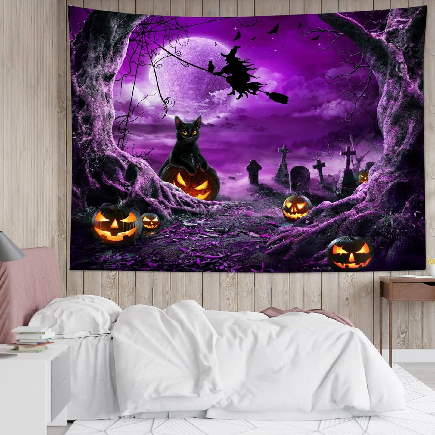 LB Halloween Wall Art - Horror Witch Cat and Dead Tree Pumpkin Lights with Spooky Graveyard Wall Tapestry Purple Full Moon over Misty Forest for Bedroom Living Room - 92.5x70.9 Inches