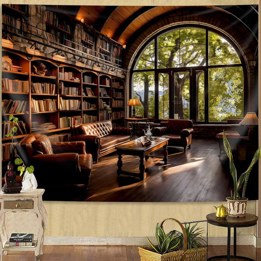 dueeia Book Library Tapestry Wall Hanging Medieval Bookshelf Vintage Window Bookcase Backdrop Wall Decor for Bedroom Aesthetic Living Room Office (90.6"x70.9")
