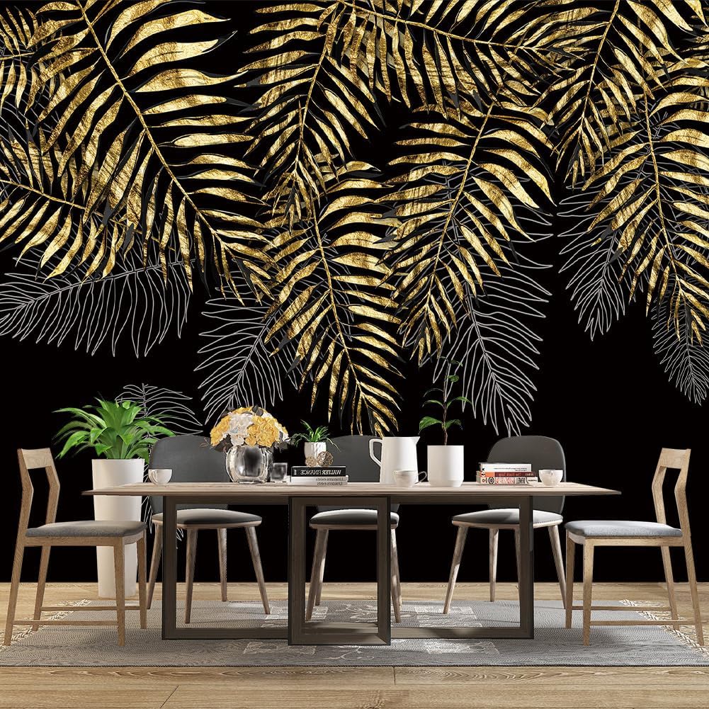 Black and Gold Leaf Mural Bedroom Tropical Botanical Wallpaper Room Plant Decor Living Room tv Background Large Wall Mural - 160"x108" (Not Peel and Stick)