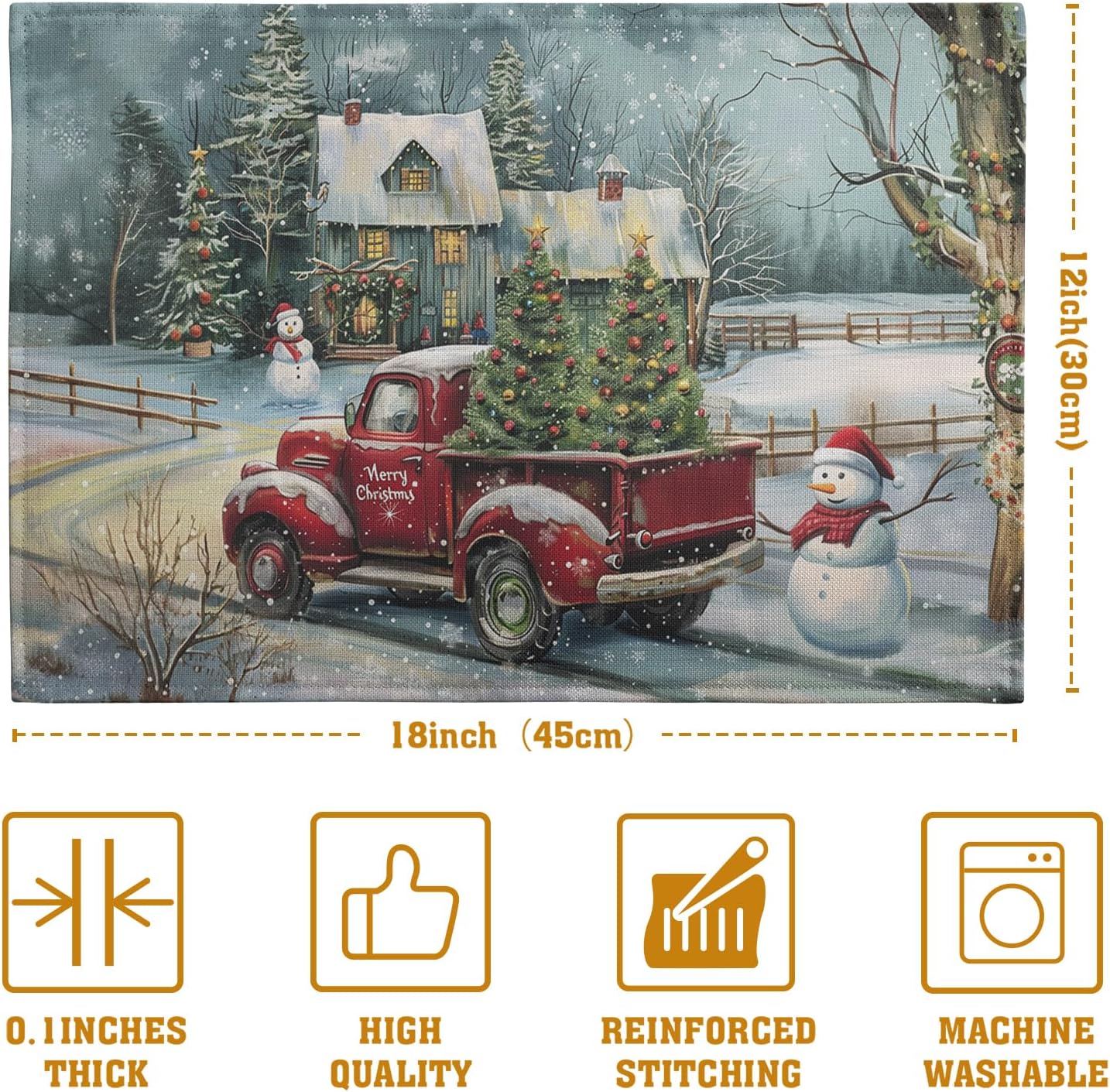 Red Truck Xmas Tree Snowman Christmas Placemats Set of 4 Winter Snowflake Vintage Farmhouse Rustic Place Mats 12x18 Inch Seasonal Christmas Holiday Washable Table Mats for Party Kitchen Dining Decor