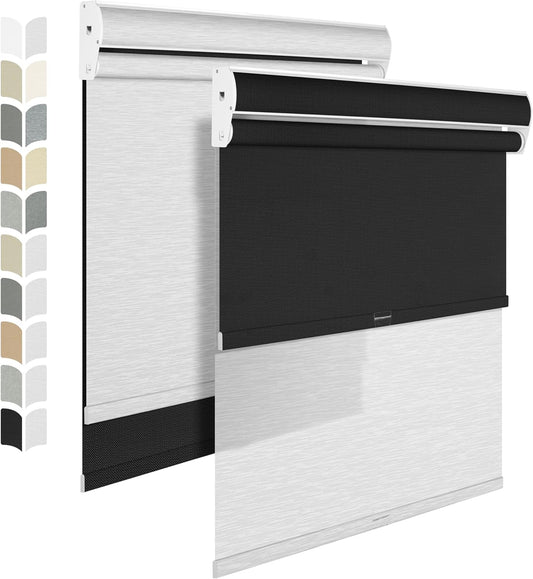 BERISSA Cordless Dual Roller Shades with Cassette Valance, Blackout and Light Filtering Shades for Home Office Door. Linen Black and White. 76 W x 36" H