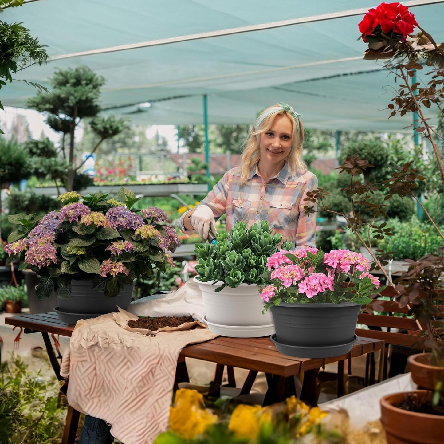 6 Pack 10 inch Plant Pot, Outdoor Pots for Plants with Drainage Hole & Tray Saucer, Round Plastic Plant Pot, Decoration Flower Pots for Indoor Plants Home Garden Outdoor Planters (Beige)