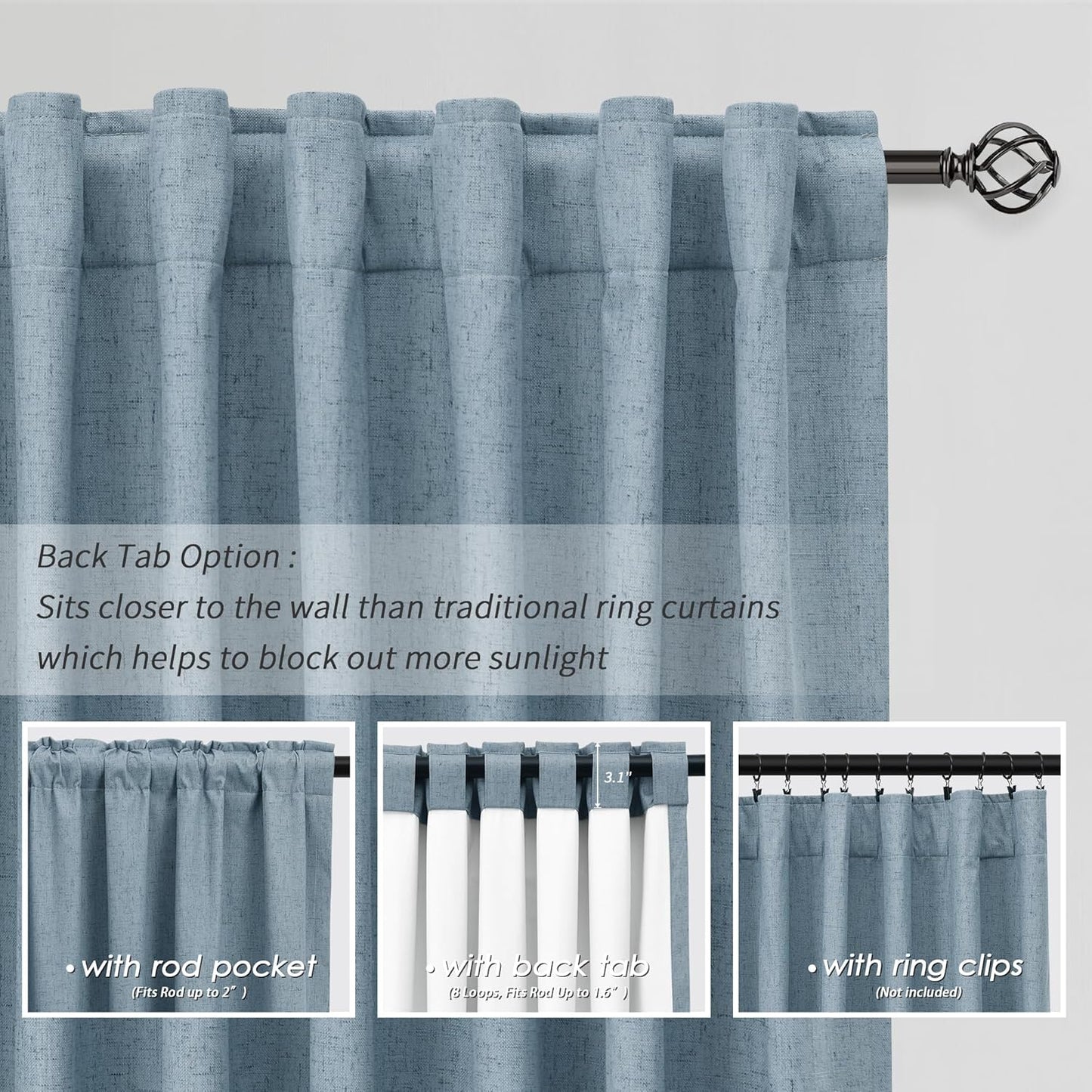 BOODII Blue Black Out Curtains 84 Inch Long for Bedroom Window Room Darkening Full Light Blocking Curtains Back Tab Neutral Elegant Nursery Baby Blackout Curtain Thermal Insulated Linen Drapes 52x84