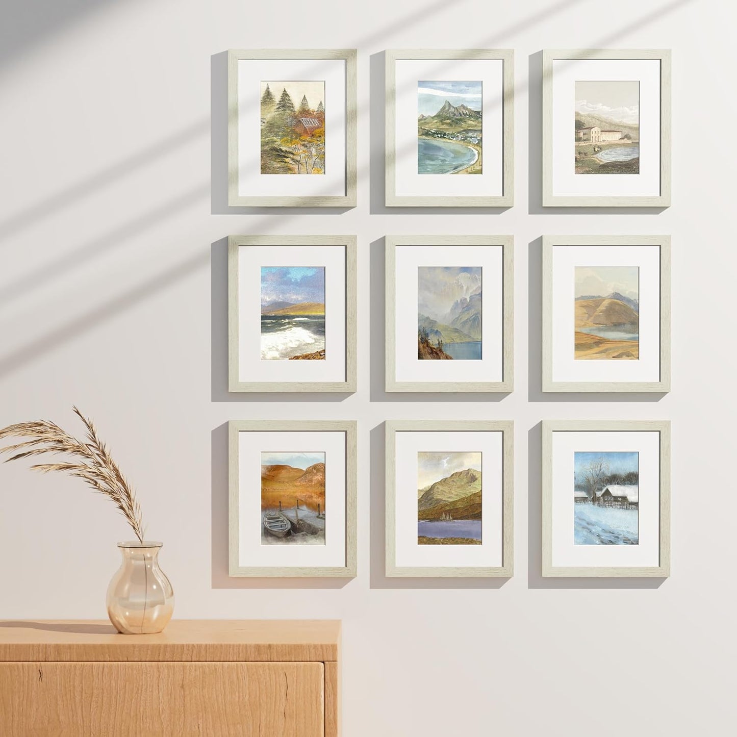 Vittanly 8x10 Picture Frames Set of 9, Shatter Resistant Plexiglass, Display 5x7 Pictures with Mat or 8x10 without Mat, Photo Frames for Wall or Tabletop, Engineered Wood, Whitemist