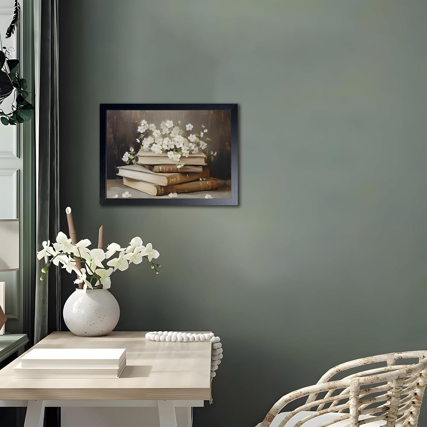 Wood Framed Canvas Poster Print Wall Art, Vintage Floral Book Wall Decor Oil Painting, Dark Academia Room Aesthetics Picture for Bathroom Classroom Dormitory room Decor 16x24 inch