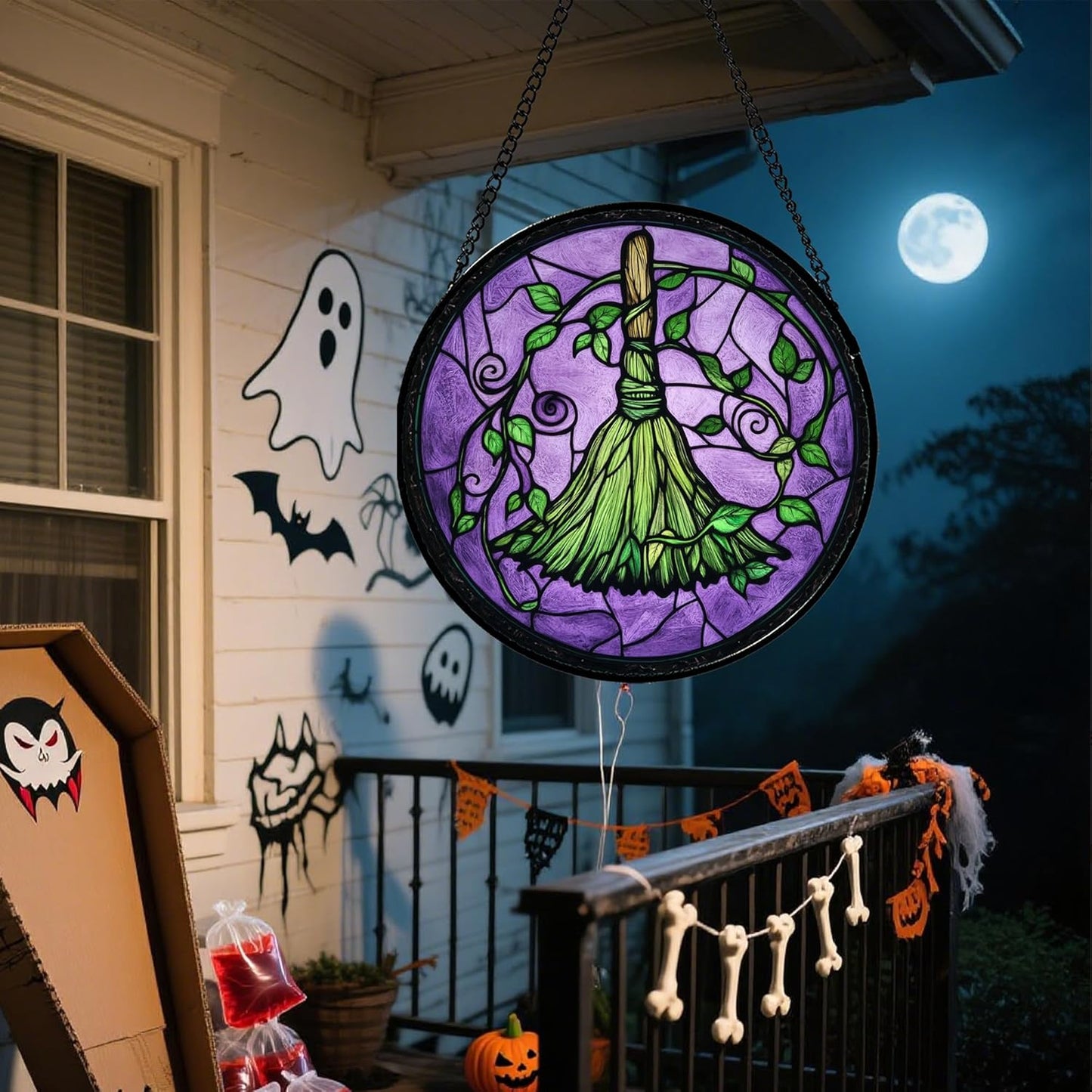 Stained Glass Window Hanging - Halloween Decorations Witch Magic Broom Suncatcher for Doors Garden Indoor Funny Spooky Sun Catchers Gothic Decor Horror Gifts for Women Men Friend 15 in