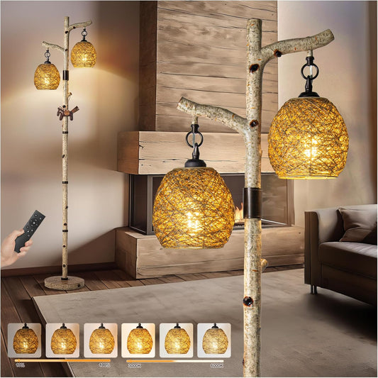 68.5" Rustic Farmhouse Remote Control Switch Birch Tree Floor lamp with Bird Nest Lantern Shade Vintage Standing Lamp for Living Room Bedroom Hotel Bar Office Wood House(Bulb Included)