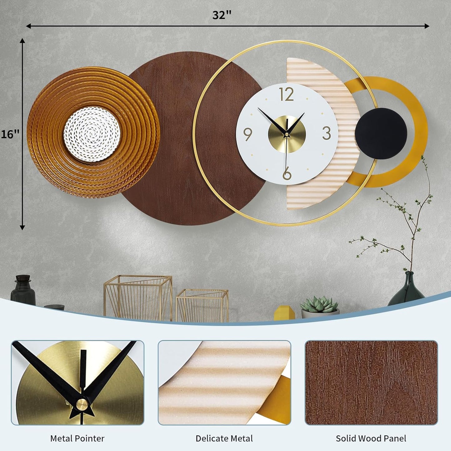 Modern Big Wall Clock Decorative Battery Operated Wall Clocks Large Mid Century Clock for Living Room,Silent Metal Wall Clock Circle Geometric Clocks for Home,Living Room,Bedroom