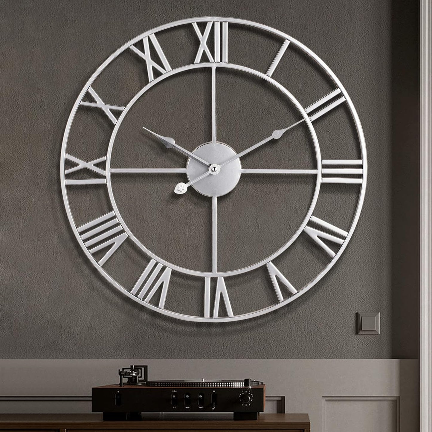 1st owned Large Wall Clock Silent Non-Ticking Roman Numerals Vintage Battery Operated (24 inch,18inch,16inch) Farmhouse Wall Clock for Living Room, Bedroom, Kitchen, Cafe Decor-Silver 47CM