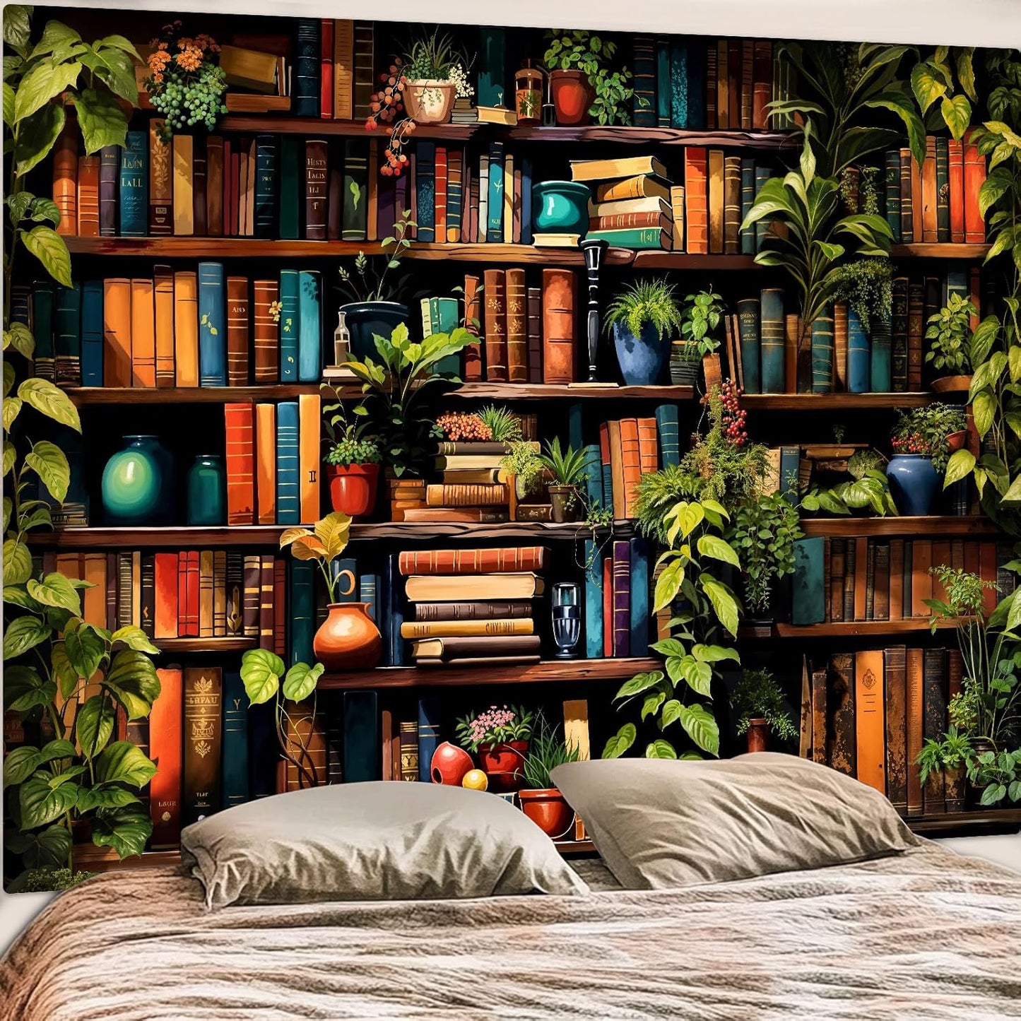 Accnicc Botanical Bookshelf Tapestry Lush Green Plant Book Shelf Tapestries Wall Hanging Art Vintage Retro Potted Plants Academics Library Book Tapestry for Bedroom Living Room Dorm 80 x 60 inch