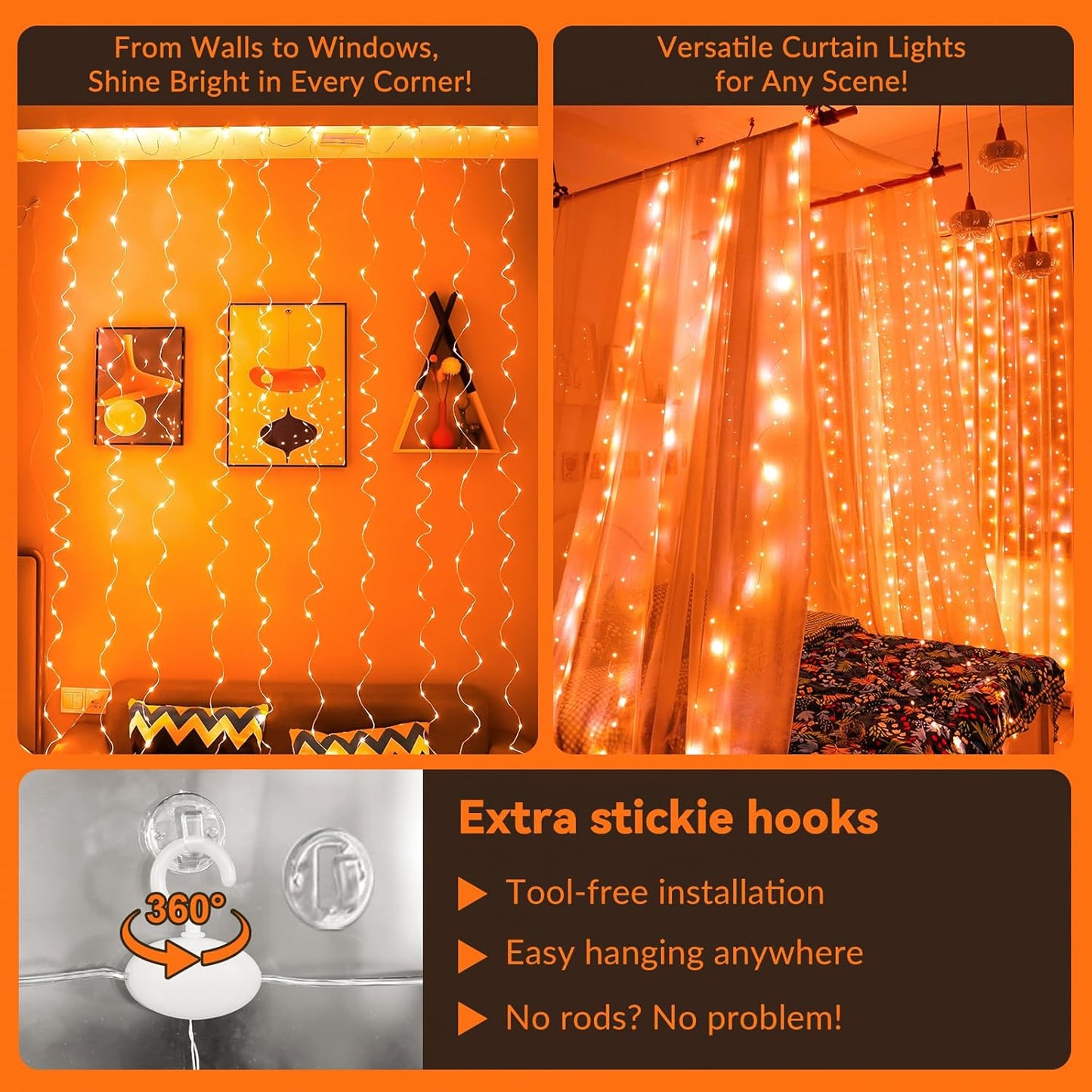 HXWEIYE 300LED Orange Fairy Curtain Lights with Remote 8 Modes Timer for Bedroom, 9.8x9.8Ft USB Plug in Christmas Fairy String Hanging Lights for Fall, Halloween, Weddings, Party, Wall, Decorations