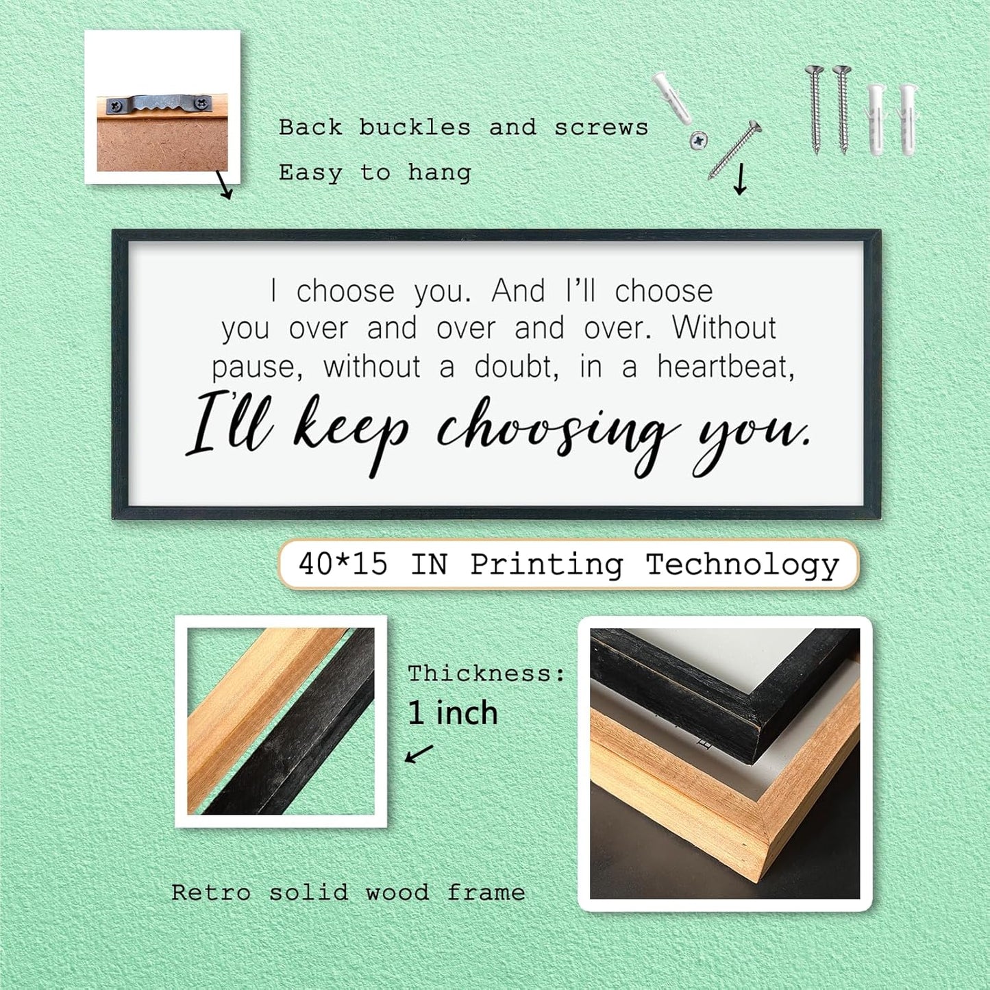 LuZhiQiang I'll Keep Choosing You Wall Decor 40"×15" for Master Bedroom Above Bed Sign I Choose You Large Wood Framed Wall Hanging Art (Black)