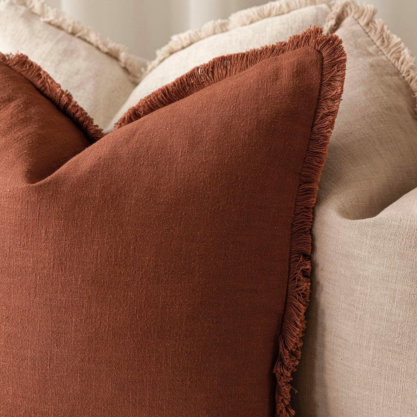 Foindtower Set of 2 Decorative Linen Fringe Throw Pillow Covers Farmhouse Cushion Cover with Tassels Lumbar Accent Pillowcase for Couch Bed Living Room Home Bedroom Decor, 12×24 Inch, Fall Rust Orange