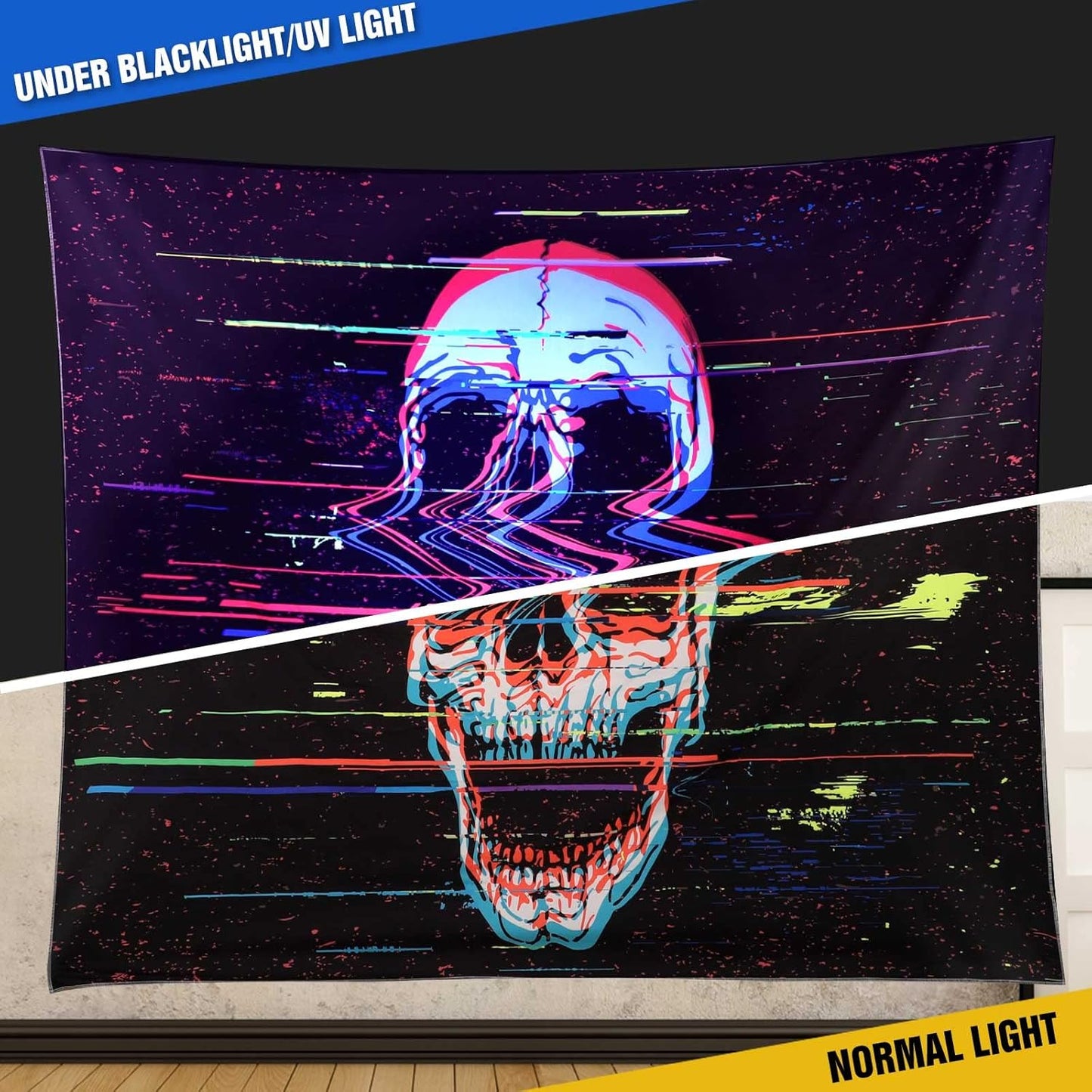ADDWel Blacklight Skull Tapestry, Black Psychedelic Tapestry Glow In The Dark, UV Reactive Black Light Tapestries Posters Wall Hanging for Room Decor(50 * 60inches)