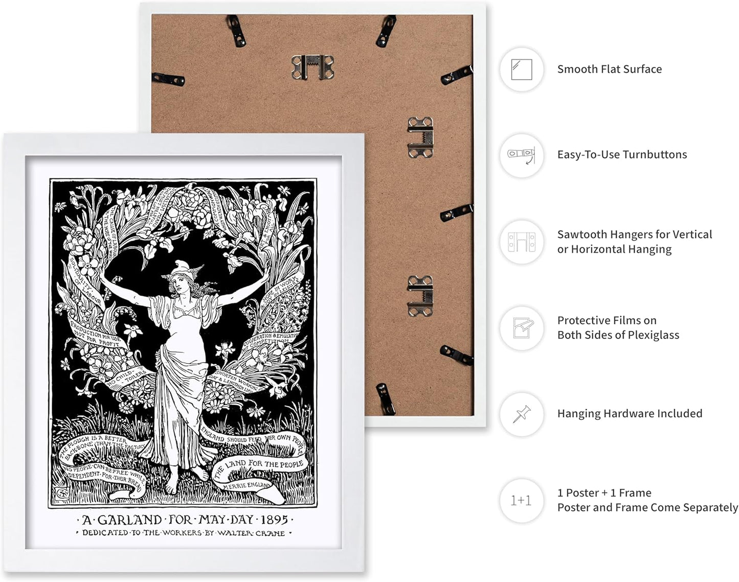 Poster Master Vintage Walter Crane Poster - Retro A Garland for May Day Print - Socialist Art - Gift for Him, Her, Men, Women - Wall Decor for Home, Office, Living Room, 11x14 White Framed