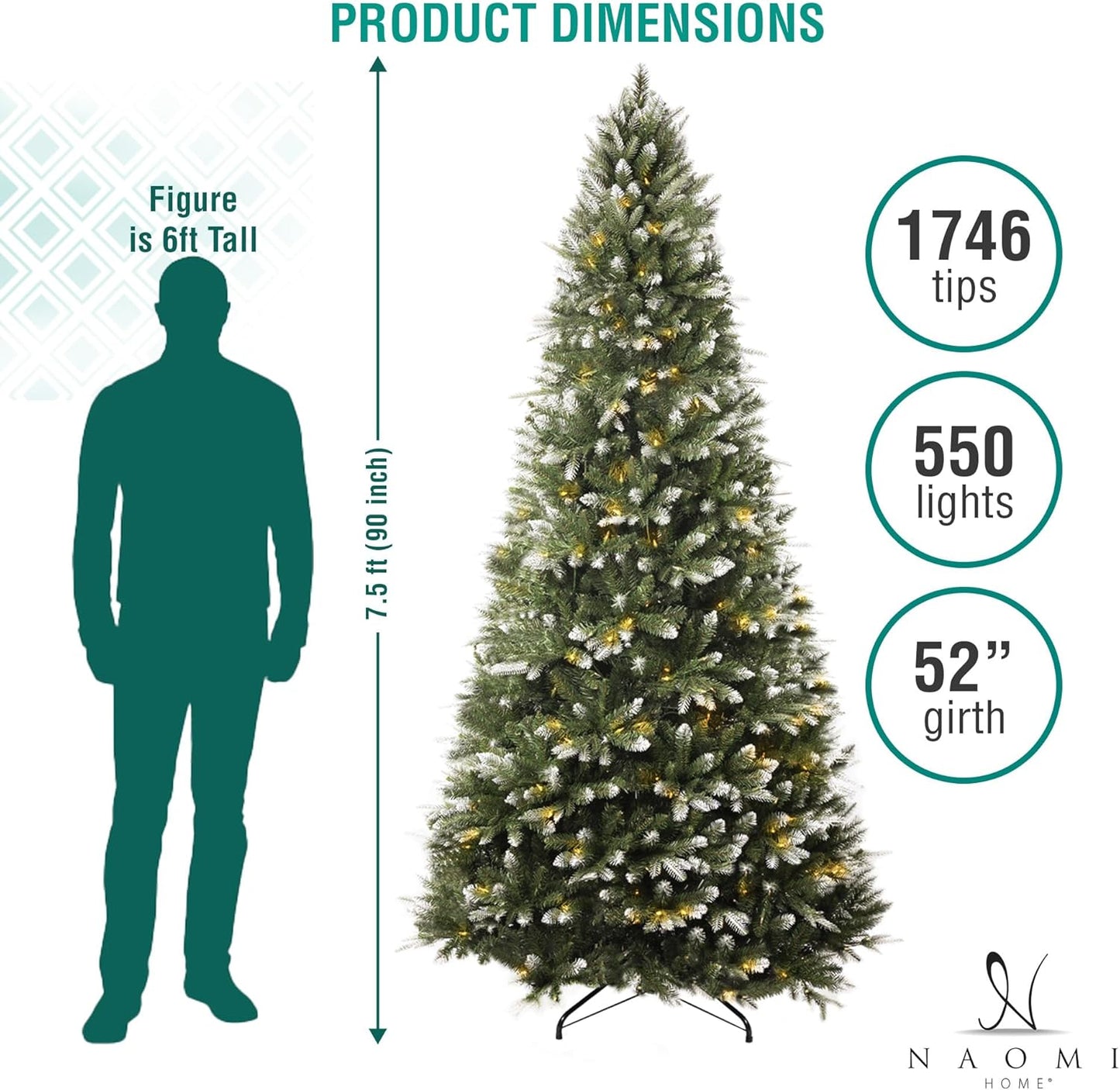 Naomi Home 7.5ft White Tip Christmas Tree with Lights, Realistic Light Snow Flocked Fir Prelit with 1746 Branch Tips, 550 Warm Lights and Metal Stand, Aritificial Tree