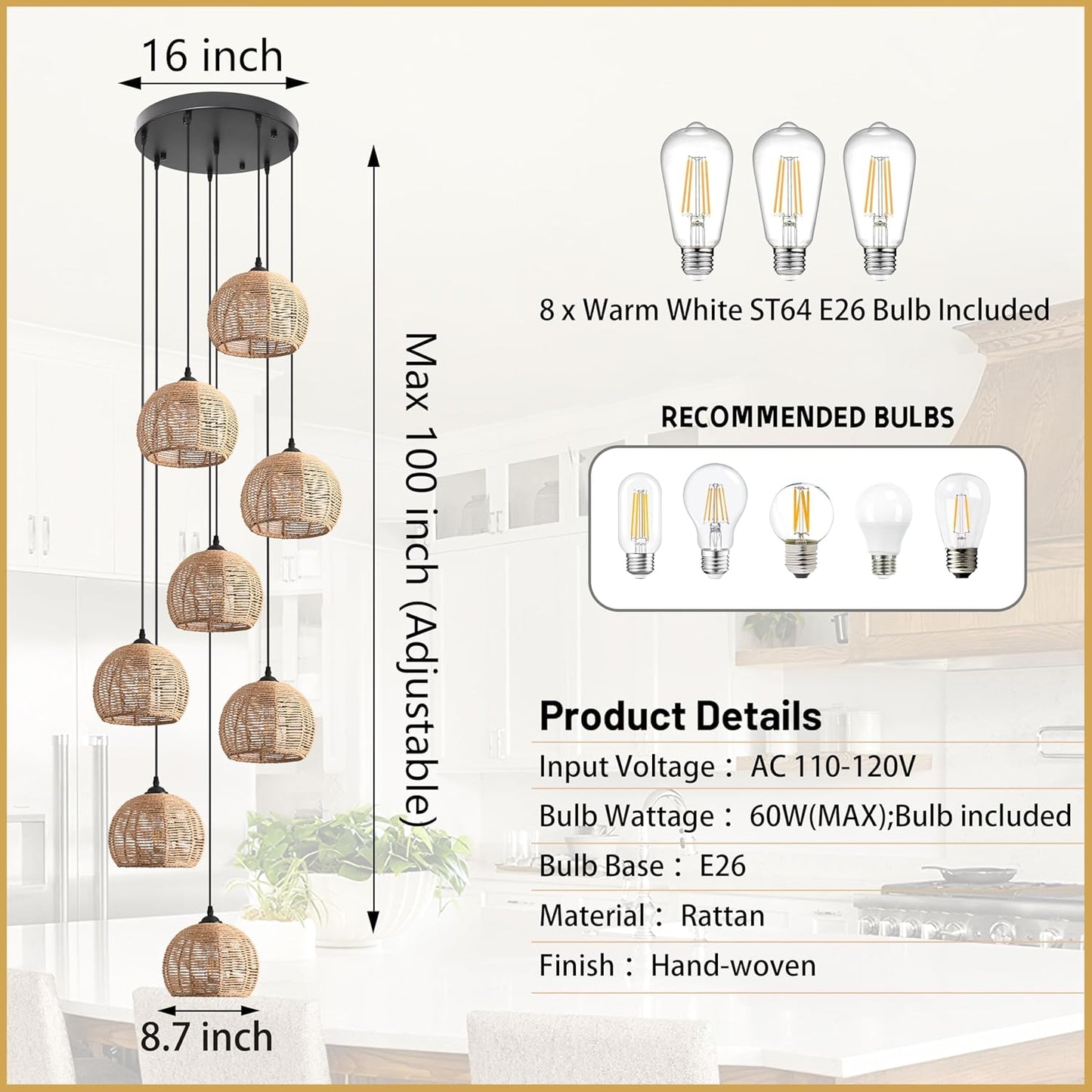 8-Light Woven Foyer Chandeliers for High Ceiling H100",8 Dome Boho Rattan Pendant Lights Farmhouse Ceiling Light,rustic Hemp rope Light Fixture For Living Room Hallway Staircase Entryway (Bulb Incl.
