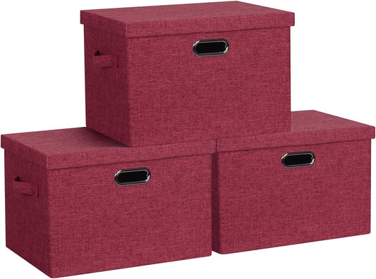 Large 17" 36 Quart Collapsible Stackable Storage Bins with Lids, 3 Packs Bright Red Linen Fabric Closet Boxes with Lids, Storage Cube Baskets Container Organizers for Office (17x12x11)