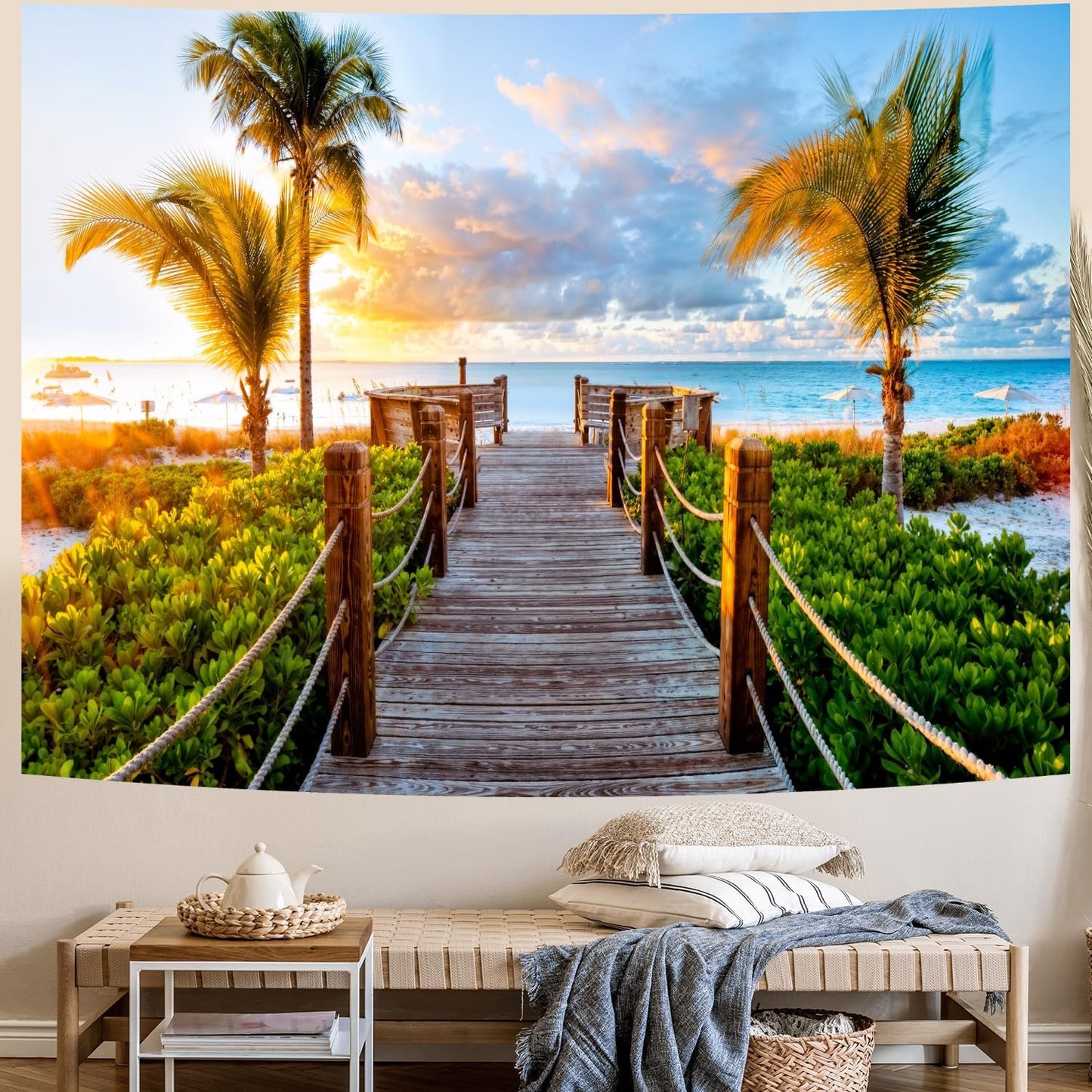 Delur Beach Sunset Tapestry Tropical Seaside Palm Tree Coastal Tapestry Wall Hanging Sunrise Nature Landscape Scenic Psychedelic Headboard for Bedroom Living Room Home Decor (70.8" x 92.5")