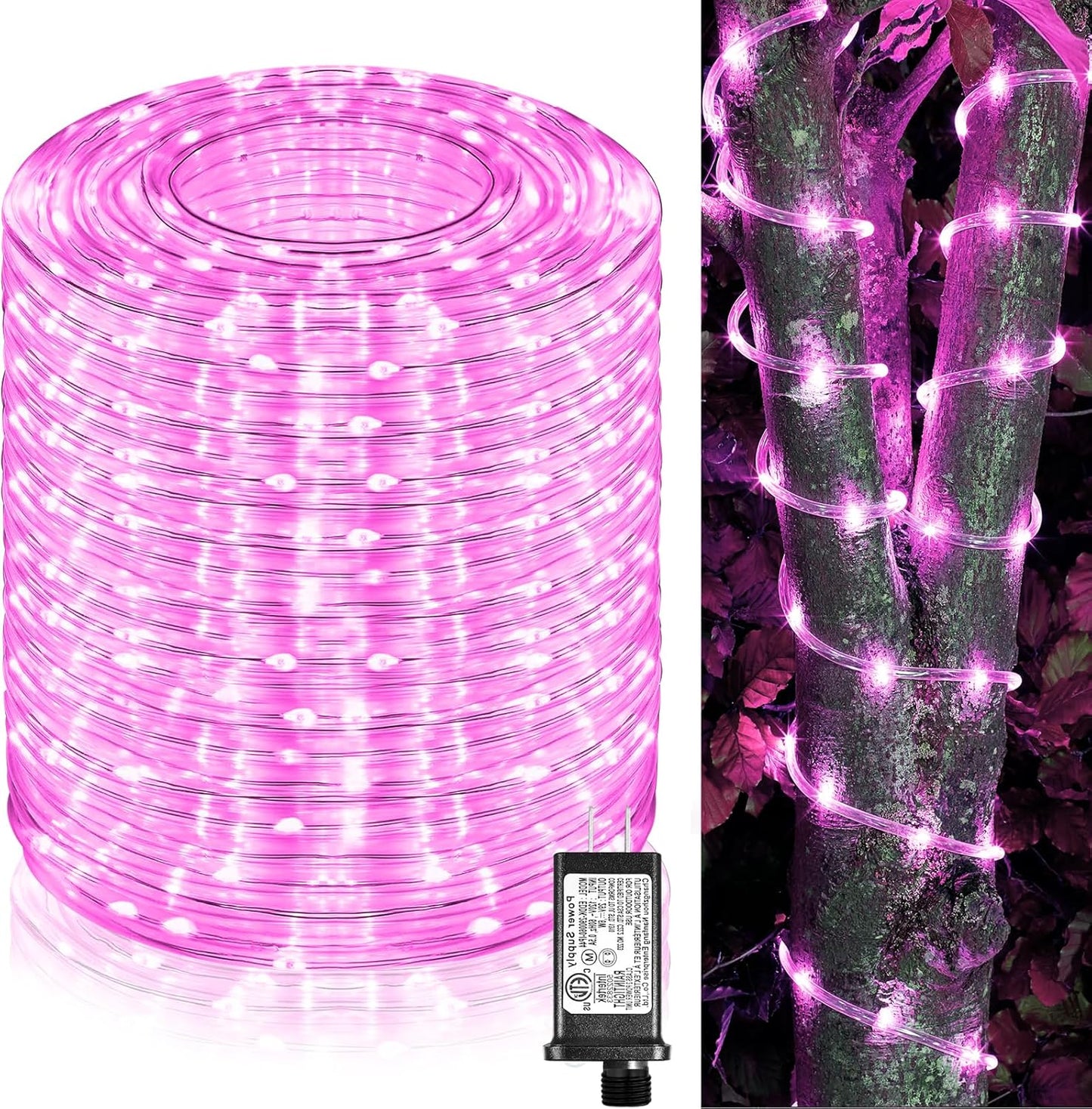 Rope Lights for Outside, 164FT 500 LED String Lights Outdoor Waterproof, 8 Modes Plug in Clear Tube Lights for Indoor Bedroom Garden Patio Tree Party Wedding Decorations, Pink