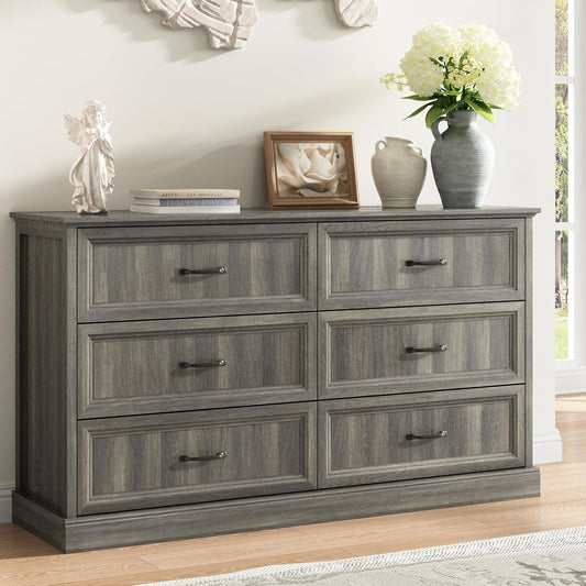 Farmhouse 6 Drawer Dresser for Bedroom, 55 Inch Wide Modern Grey Dresser TV Stand with Large Drawers & Bar Handles, Rustic Wood Chest of Drawers for Bedroom, Living Room, Hallway, Entryway.