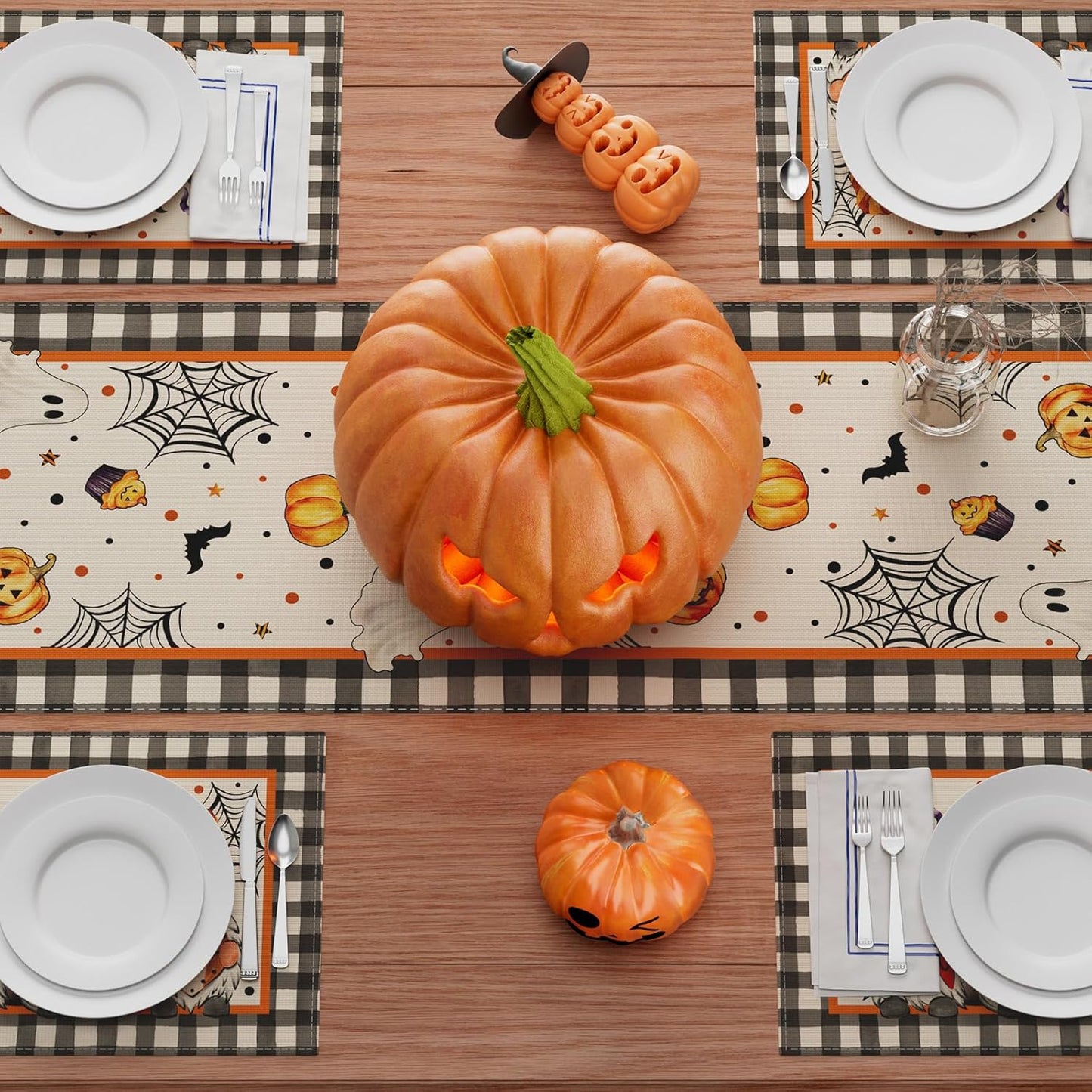 XCHI Spooky Boo Plaid Gnome Halloween Table Runner Party Table Decoration for Home Kitchen Dining Holiday Decor 13x90 Inch