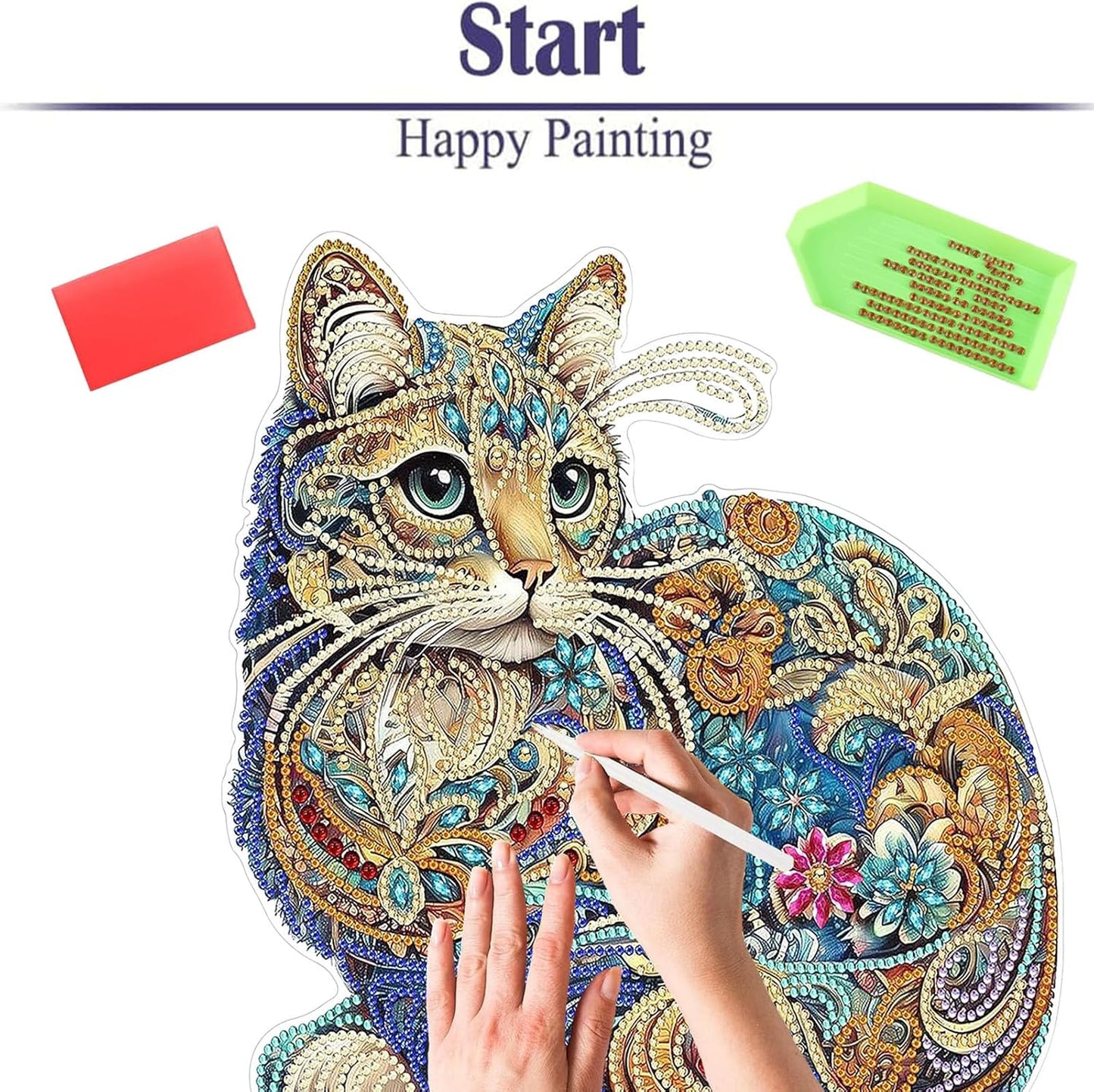 Diamond Painting Kits for Adults Beginners, 5D Full Drill Cat Crystal Art Desktop Ornament, DIY Single Sided Home Office Desk Decor, Creative Craft Gift Set with Tools