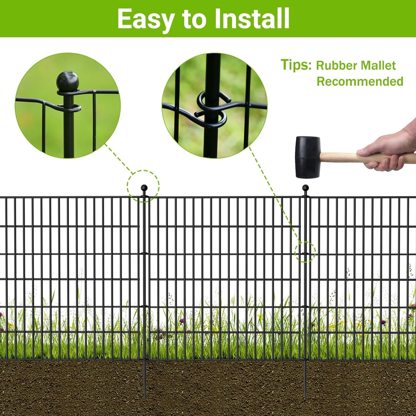 8 Panels No Dig Decorative Outdoor Garden Fence with Gate for Yard, 48 in(H) X 21 ft(L) Animal Barrier Fencing Rustproof Metal Wire Panel Border for Dog, Rabbits, and Patio Temporary Ground Stakes