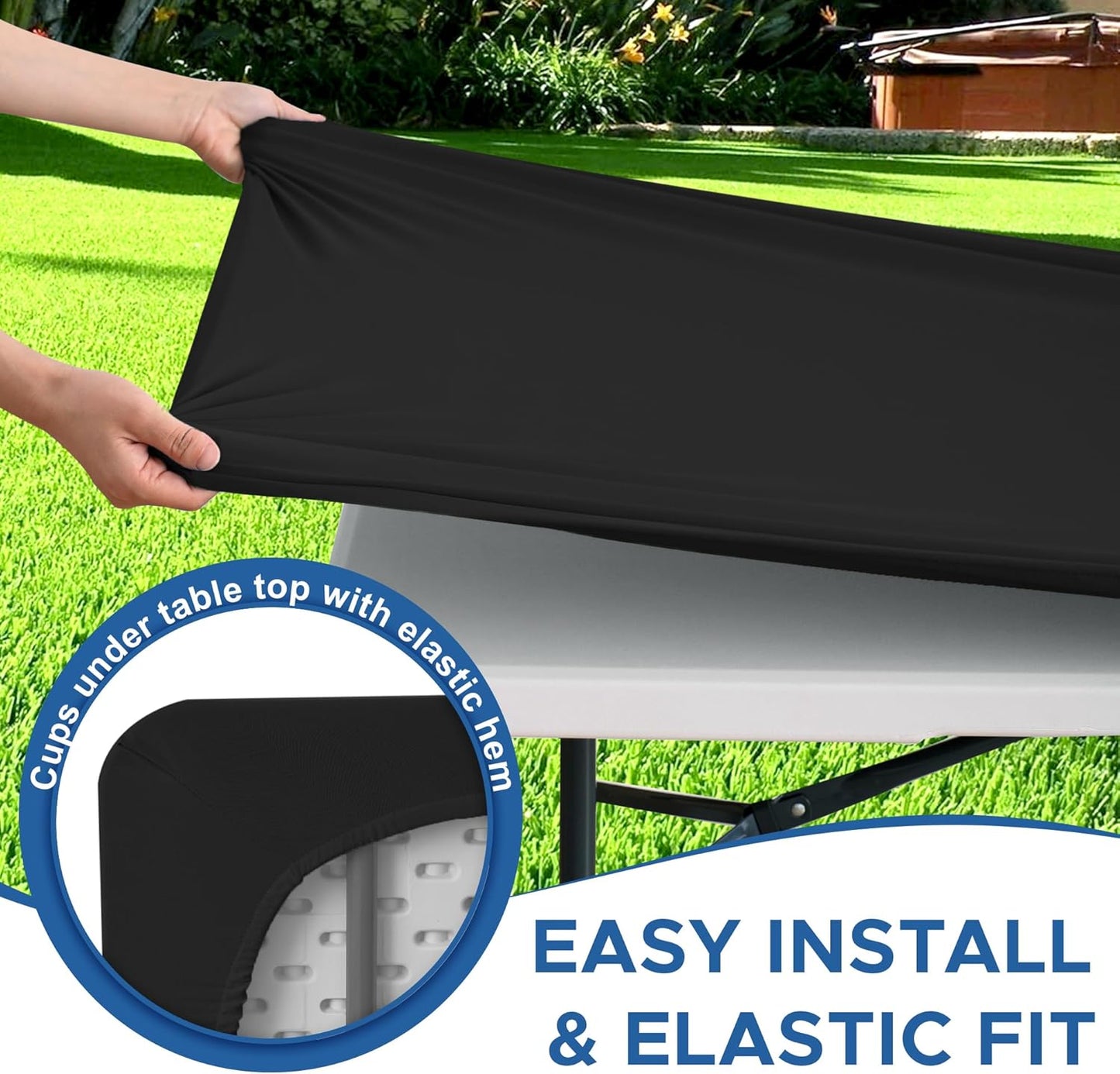 Fitted Tablecloth for 6 Foot Rectangle Tables-4 Pack Black Elastic Outdoor Picnic Table Cover-Spandex Stretch Folding Table Cloths 6 ft for Camping Dining Room Patio Kitchen Banquet Party