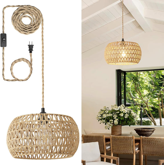 Rattan Boho Hanging Light,12.6'' Natural Hand Woven Fabric Drum Light,Plug Into Wall Outlet Pendant Light Fixture On/Off Switch for Dining,Living Room,Bedroom,Kitchen,Hallway Entryway, Without Bulb