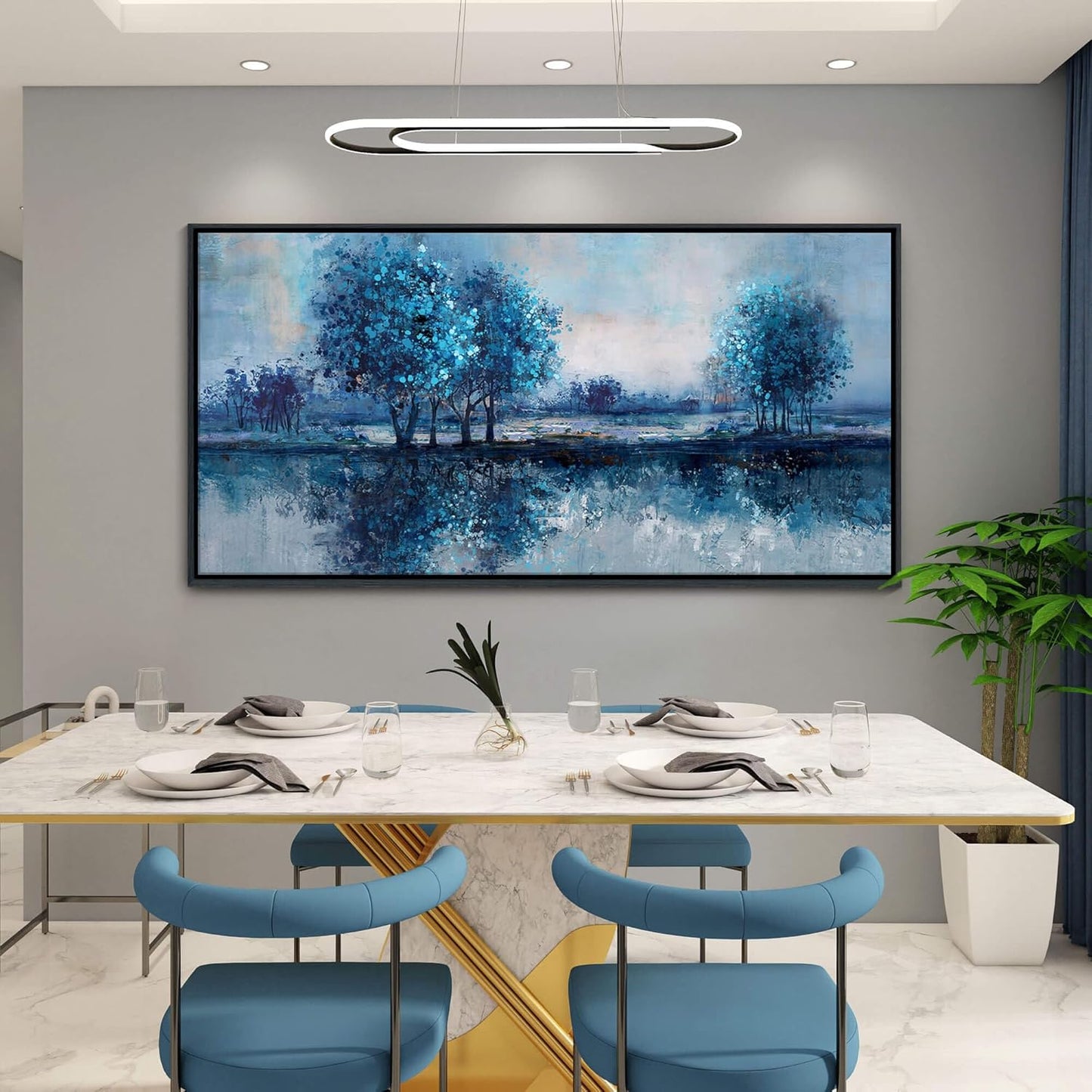 Framed Canvas Wall Art Canvas Prints Pictures for Bedroom Blue Tree Wall Art Painting Nature Landscape Artwork Large Size Picture for Home Office Living Room Bedroom Bathroom Wall Decor 20”x40”