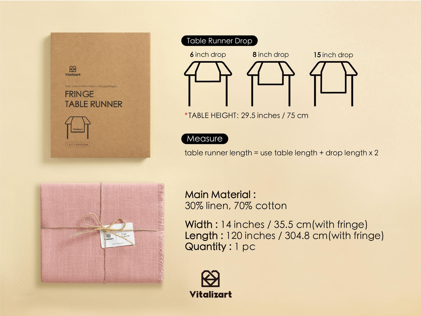 Vitalizart Pink Cotton Linen Table Runner – Slub Texture Rustic Home & Dining Decor for Wedding, Holiday, and Parties (14 x 120 Inches)