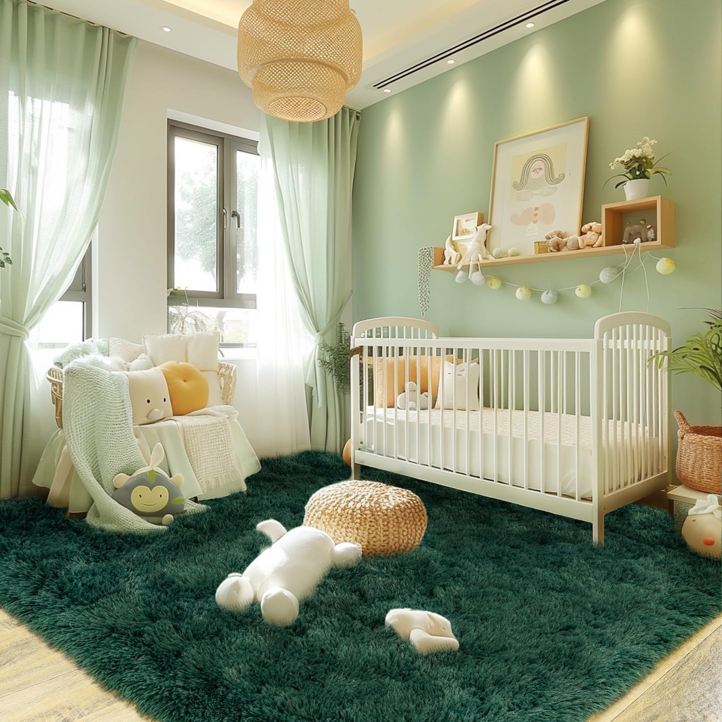 Rezutan Modern Shaggy Area Rug - Super Soft Fluffy Non-Slip Living Room Bedroom Rug for Kids Nursery, Classroom, Bedside Decor, Blackish Green, 4 X 6Feet