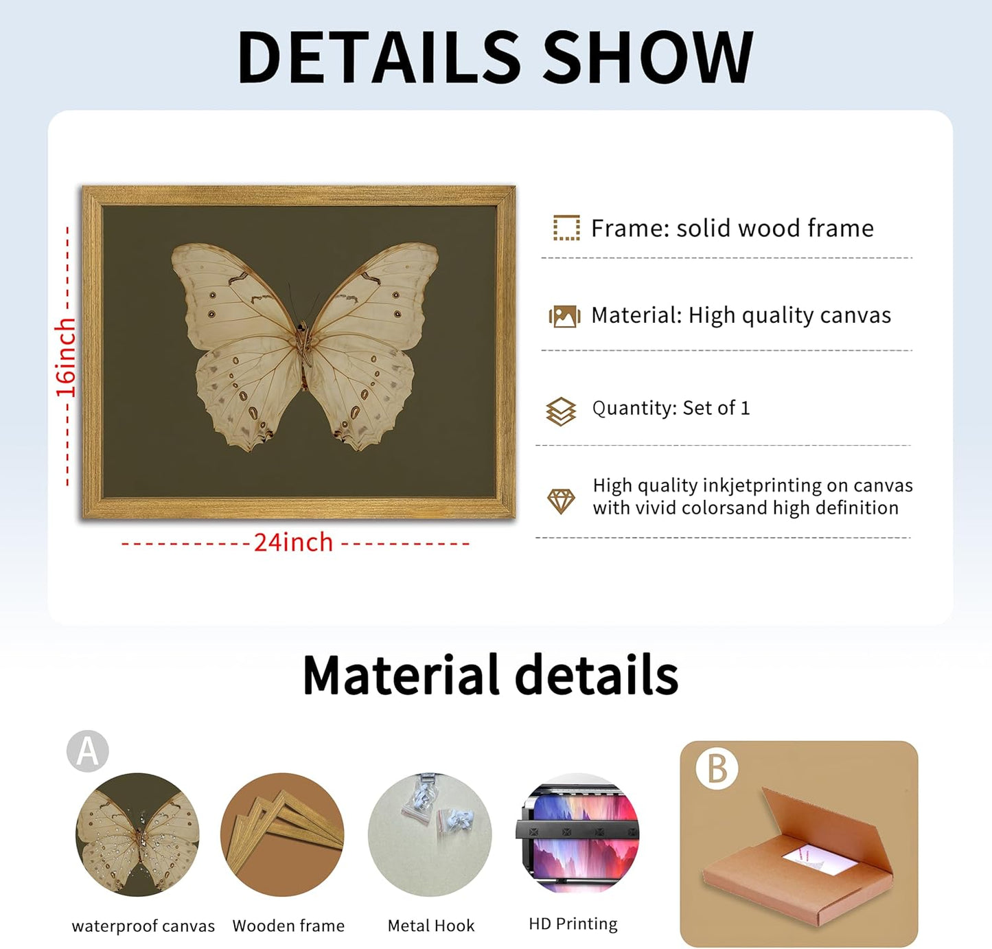 Wood Framed White Butterfly Wall Art, Vintage Butterfly Oil Paintings, Dark Moody Insect Canvas Prints, Boho Sage Green Wall Decor, for Bedroom Kitchen Bathroom Cottagecore Room Decor - 16x24 Inch