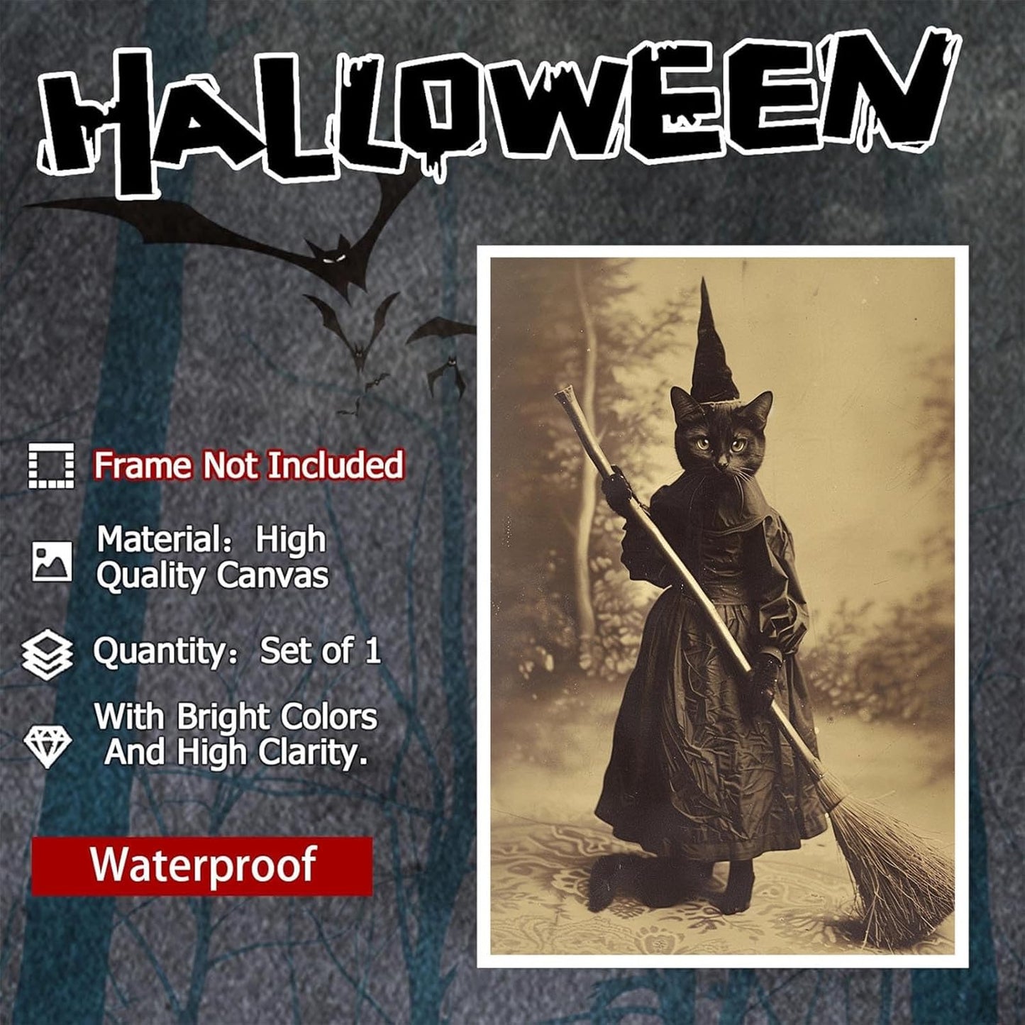 Halloween Decor Posters Black Cat Witch Canvas Wall Art Vintage Spooky Print Of Gothic Room Family Dark Academia Decorations Creepy Picture Poster Aesthetic 24X36inch Unframed