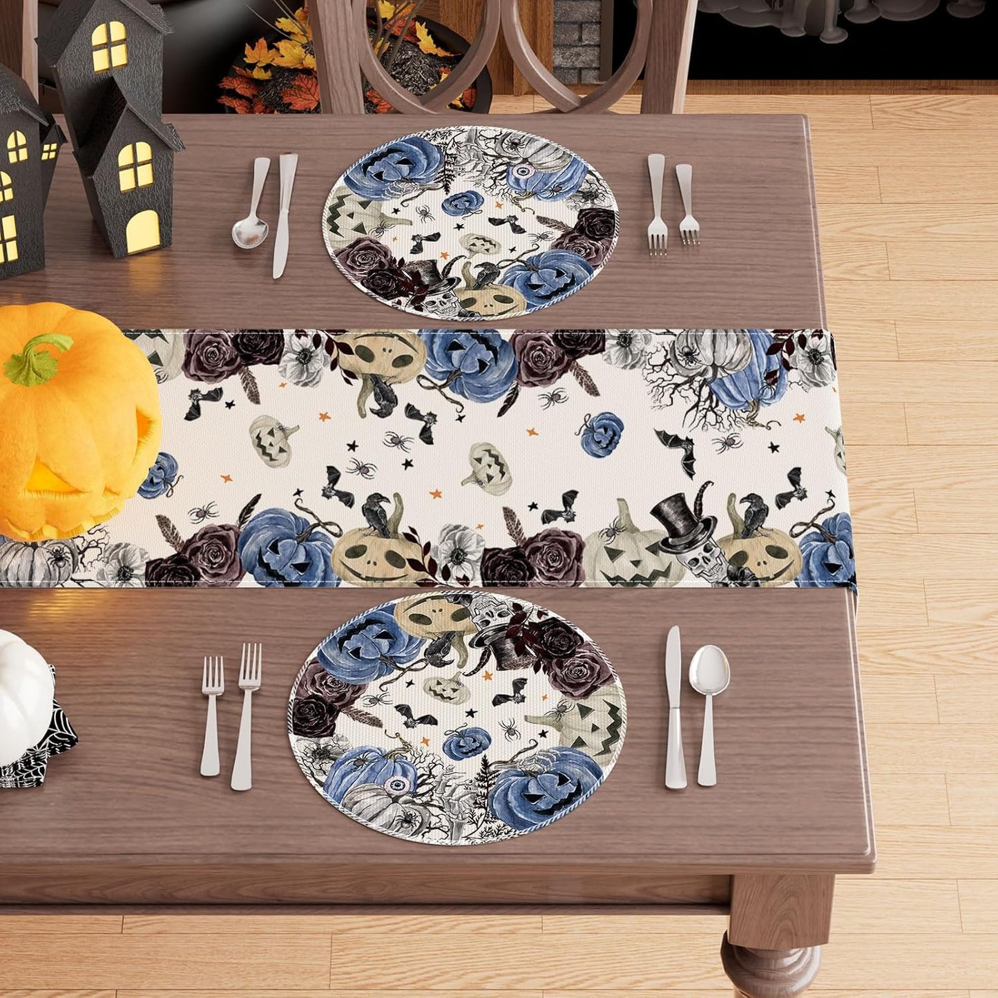 XCHI Spooky Blue Pumpkin Halloween Round Placemats Set of 4 Table Mats for Party Home Kitchen Dining Table Decorations 14x14 Inch