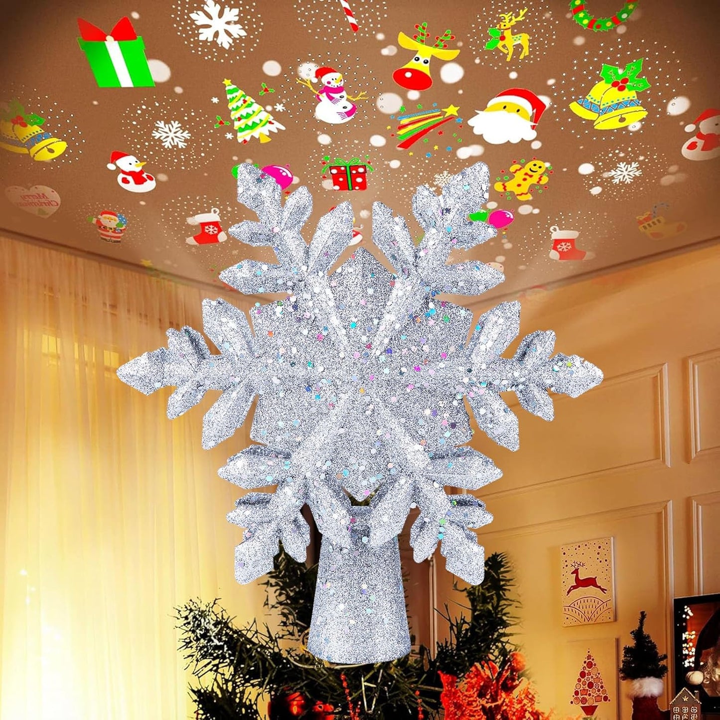 Christmas Tree Topper Lighted with 6 Projection Modes, 9.6” Hollowed Snowflake Tree Topper with Silver Spangles Plug in for Indoor Home Xmas New Year Party Holiday Night Tree Decor