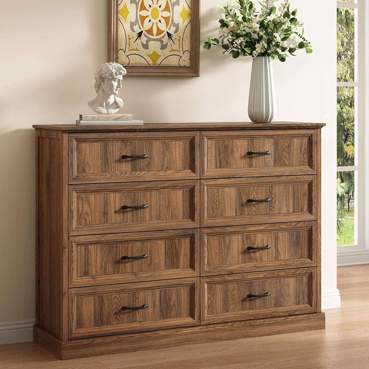 Farmhouse 8 Drawer Dresser for Bedroom, 55 Inch Wide Modern Walnut Dresser TV Stand with Large Drawers & Bar Handles, Rustic Wood Chest of Drawers for Bedroom, Living Room, Hallway, Entryway.