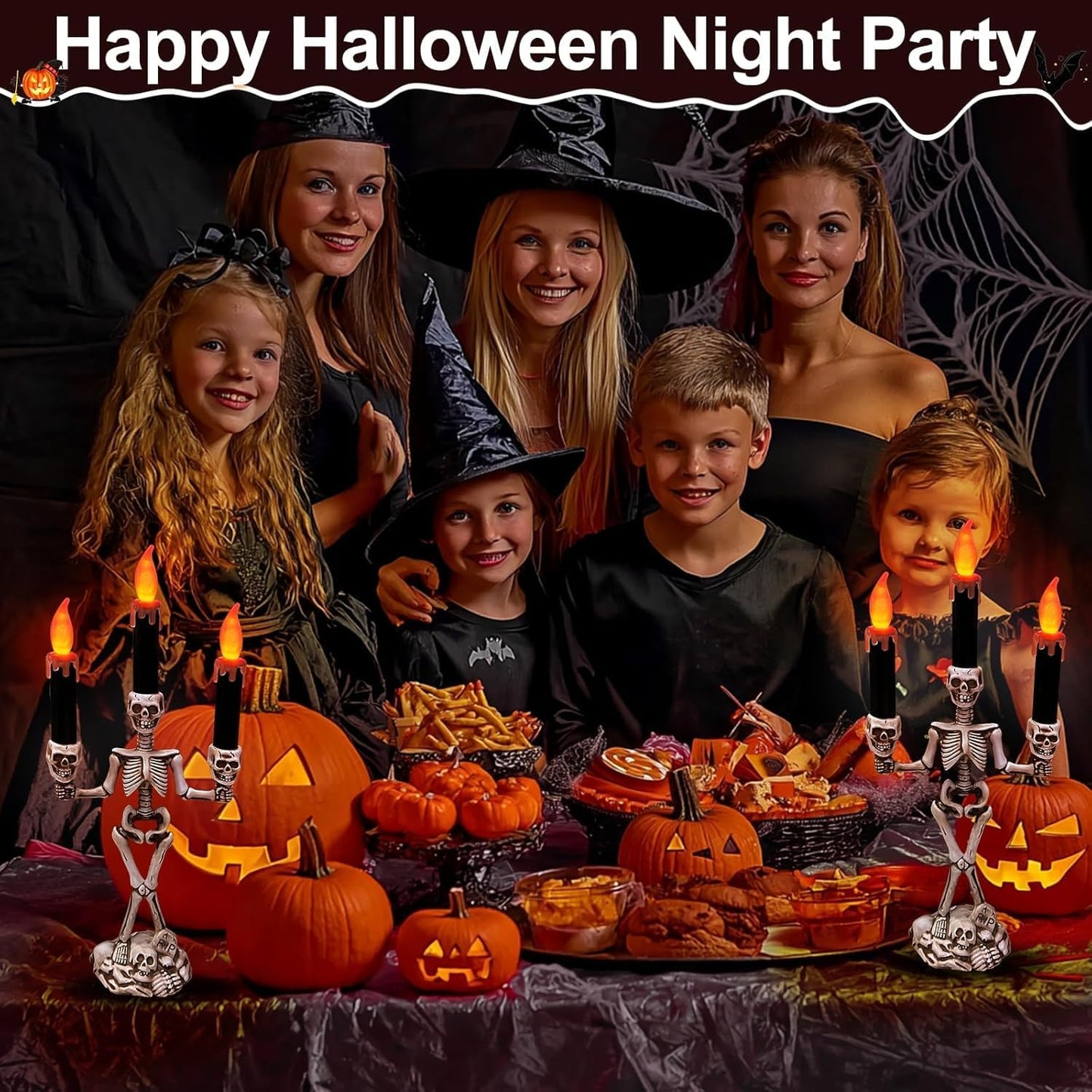 TURNMEON 2 Pack Halloween Candelabra with LED Flame Less Candles Holder Battery Operated Flickering Lights Skull Candles for Halloween Decorations Indoor Home Table Mantel Party Haunted Mansion Decor