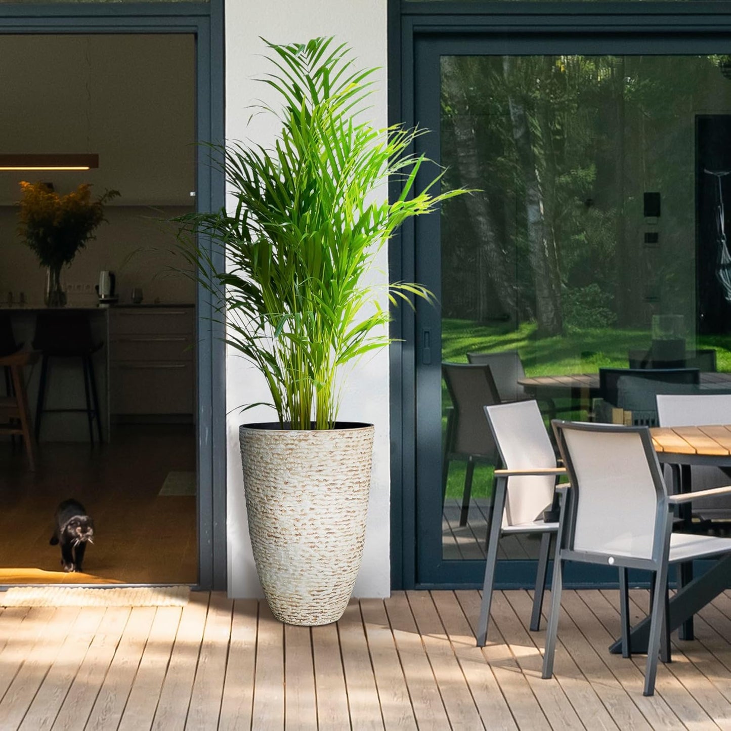 KOL 2-Pack 21in. Tall Plastic Planter - Large Round Tapered Plant Pots with Textured Finish - Beige Imitation Stone Looking Flower Pots for Indoor & Outdoor Plants - Lightweight and Durable