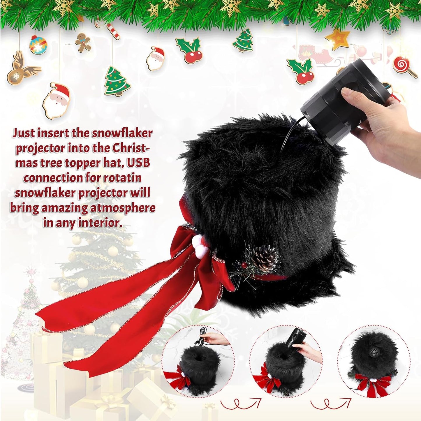 Christmas Tree Topper Hat with 3D LED Rotating Snowflake Projector, Black Plush Tree Toppers Red Bow Decorations for Christmas Tree Holiday Winter Party Home Indoor Decorations