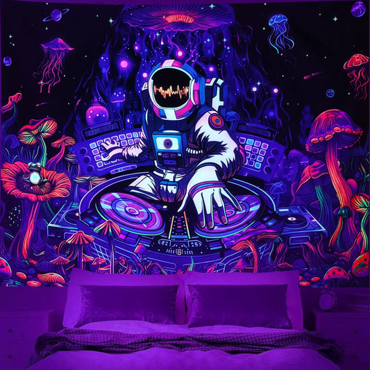 Blacklight Astronaut Tapestry Glow In The Dark Funny DJ Music Tapestry UV Reactive Space Galaxy Planet Mushroom Floral Jellyfish Frog Tapestries Wall Hanging for Home Dorm Living Room Decor W59×H51