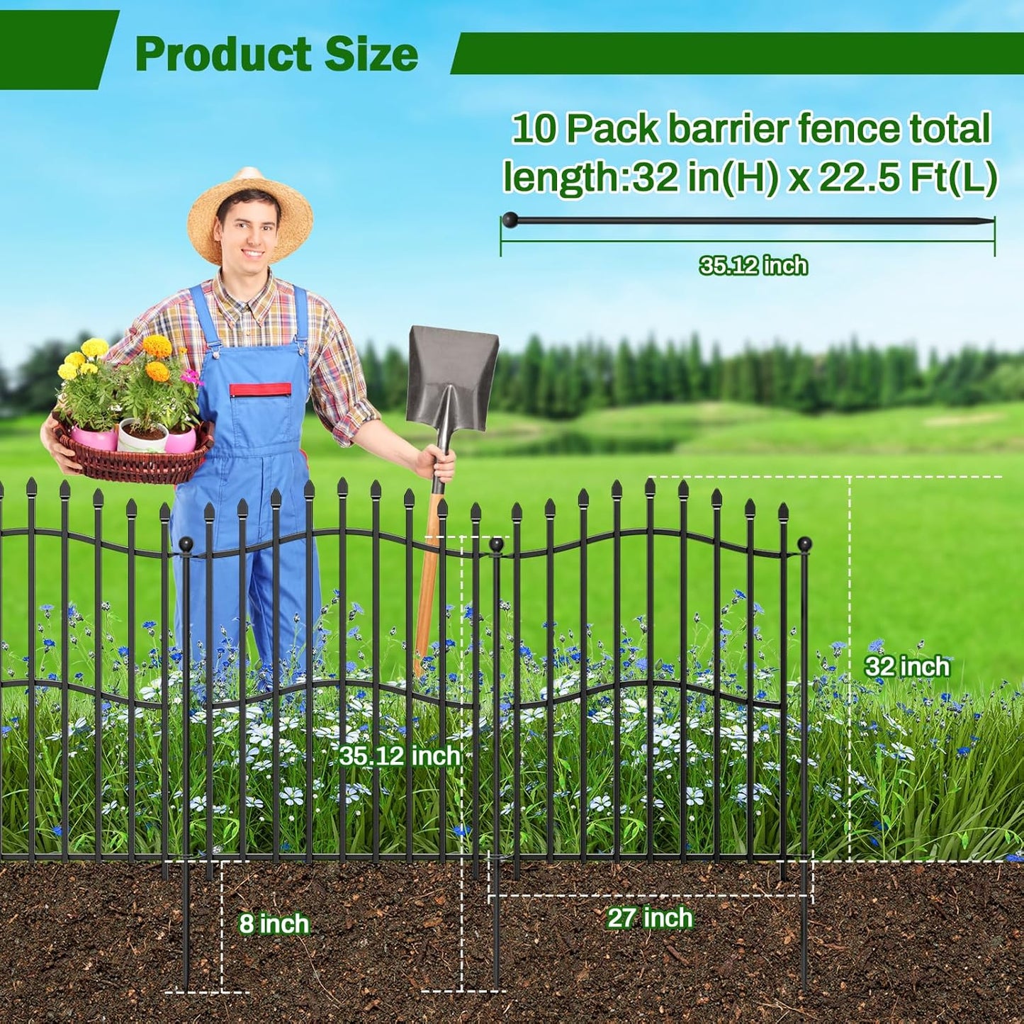 10 Panels No Dig Decorative Garden Fence with Gate - 32in H x 22.5ft L, Reinforced Square Tube Rustproof Tall Animal Barrier for Dogs & Rabbits, Outdoor Yard Border Fencing