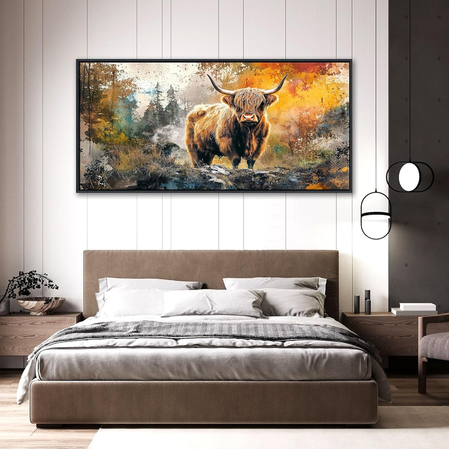 QZQCBLC Large Framed Wall Art, Vintage Rustic Abstract Landscape Canvas Wall Pictures Highland Cow Canvas Print Paintings Artwork for Living room Bedroom kitchen Home Office Decor 29x58 IN