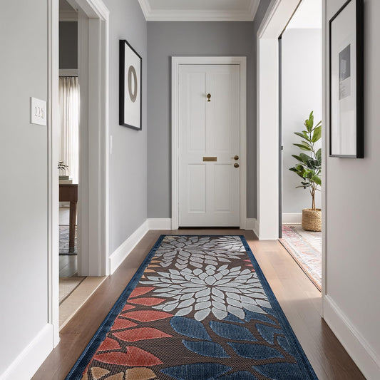 Beverly Rug Outdoor Runner Rug 2x7 Modern Floral Tropical Area Rugs for Indoor and Outdoor Patio Easy to Clean Non Shedding Living Room Porch Garden Washable Outside Carpet (2 x 7 Brown)