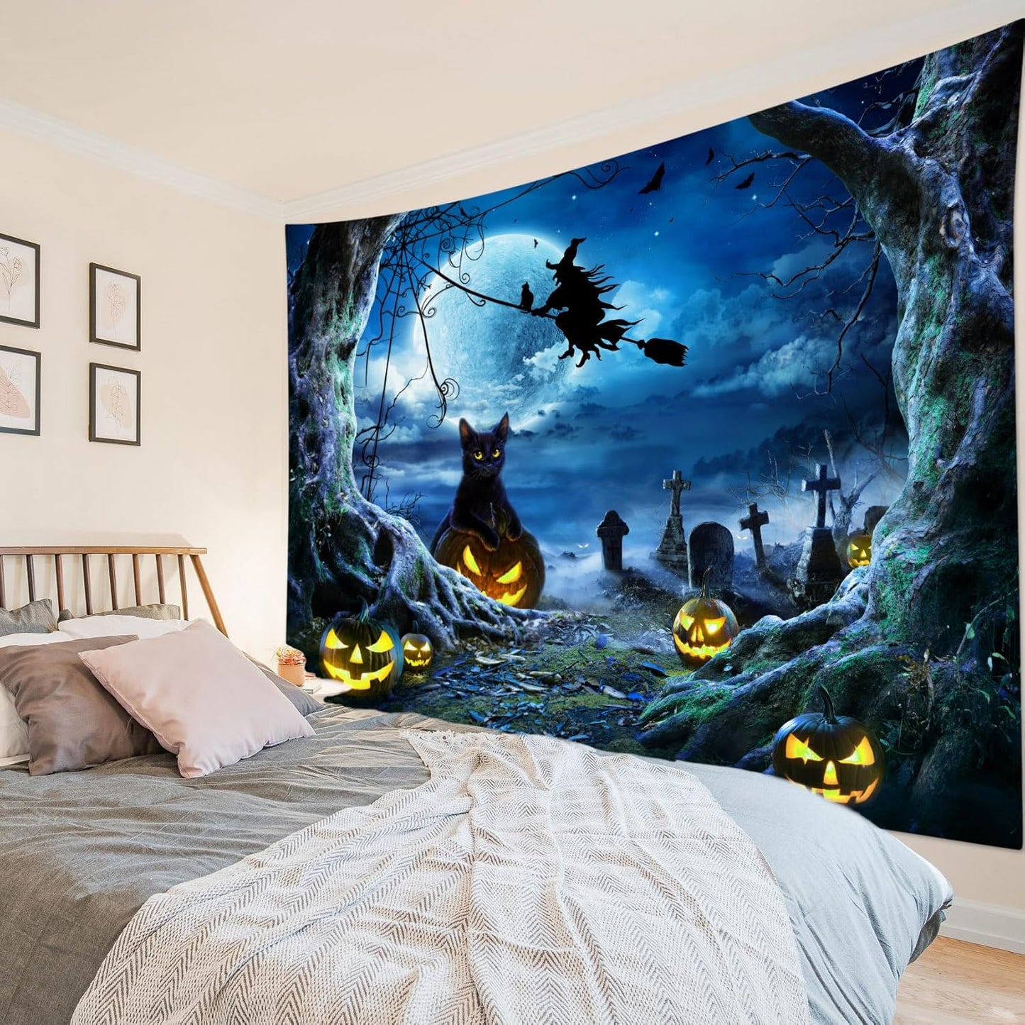 LB Halloween Wall Tapestry 80x60 Inch - Spooky Graveyard Scene with Witch, Black Cat, Pumpkin, Full Moon & Dead Tree Decor for Bedroom, Living Room, Dorm, Party