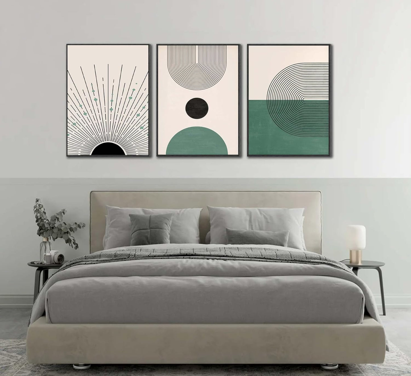 3 Pcs Sage Green Boho Canvas Wall Art Modern Abstract Minimalist Neutral Bohemian Sun Geometric Line Painting Picture Wall Decor Poster Print Artwork for Living Room Bedroom Home Decoration Unframed