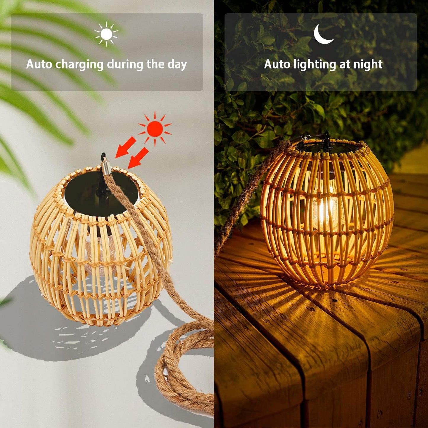 Livinlarge Hanging Solar Lantern Outdoor Waterproof, Large Solar Rattan Lantern Outdoor with Twine Handle, Bright Outdoors Hanging Lights with Edison Bulb for Garden Patio Yard Decoration