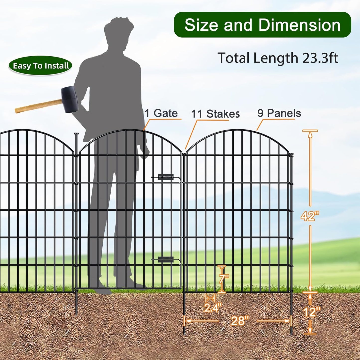 Metal Garden Fence with Gate 42in (H) x 23.3ft (L), 1 Gate+ 9 Panels Dog Fence Border Fence Animal Barrier, No Dig Garden Fencing for Yard Flower Bed Lawn Patio Outdoor, ECG4210, Black