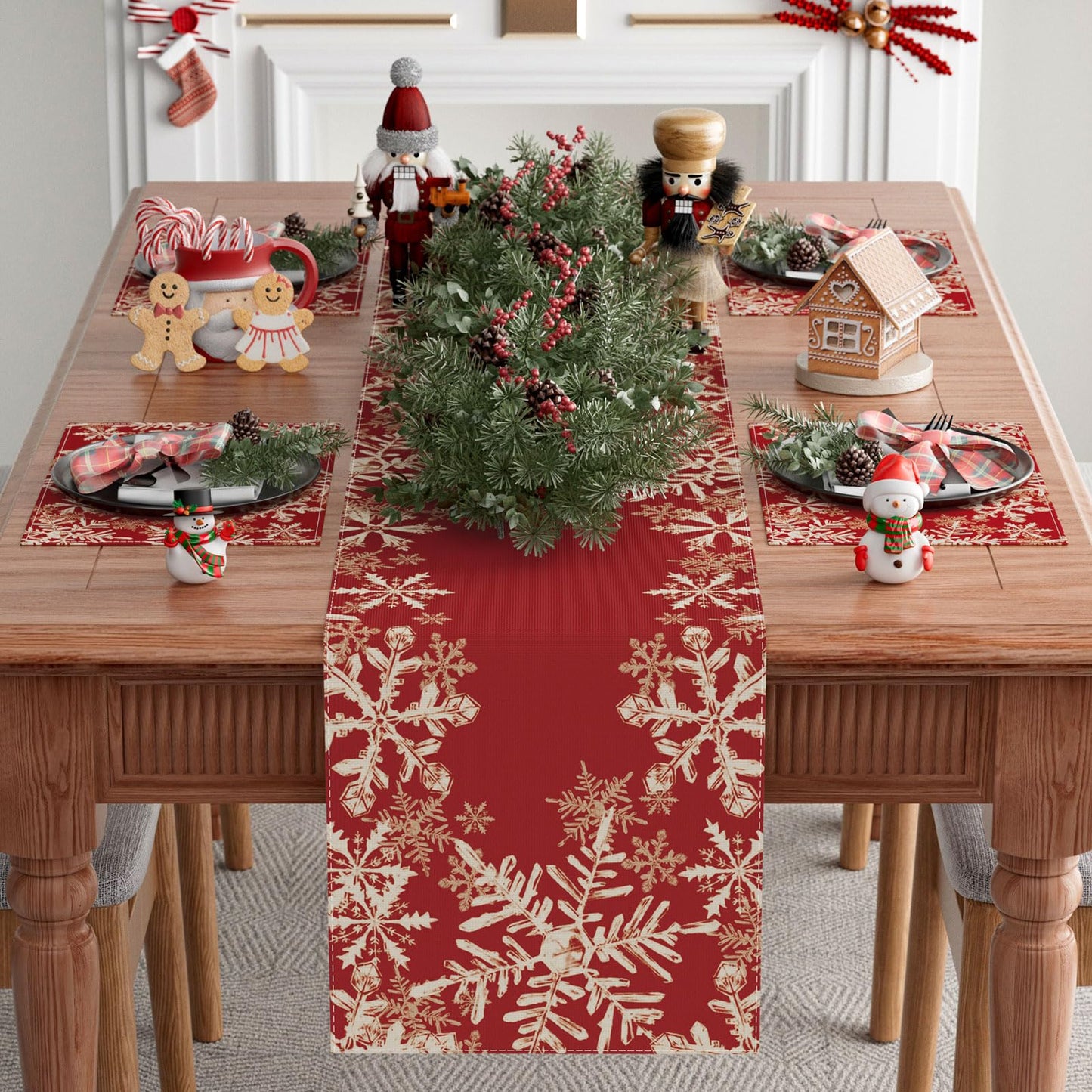 Red Snowflakes Winter Christmas Table Runner - Festive Holiday Dining Decor (Available in 4 Sizes)